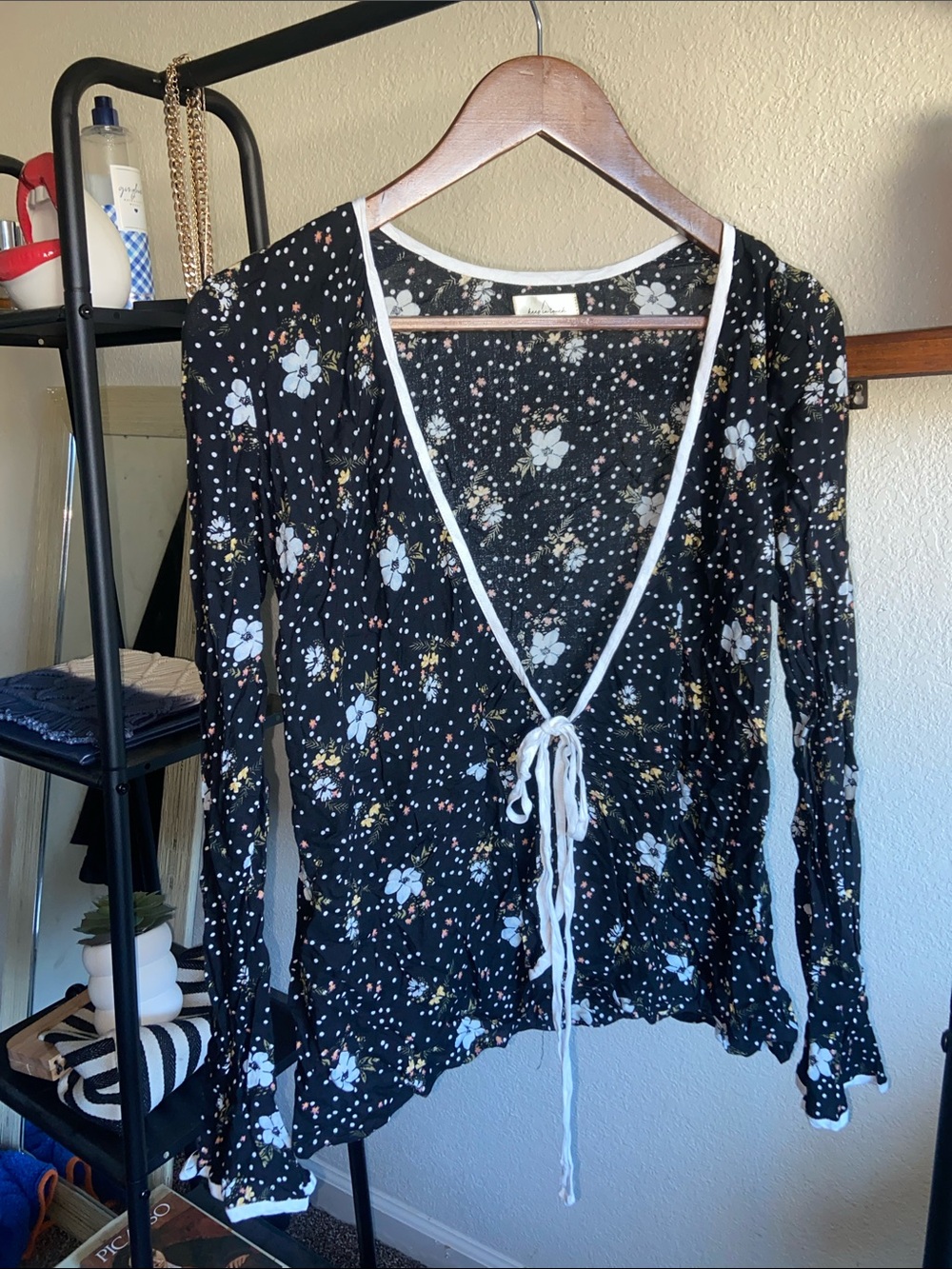 Tie-Front Floral V-Neck Blouse - Black with White Flowers